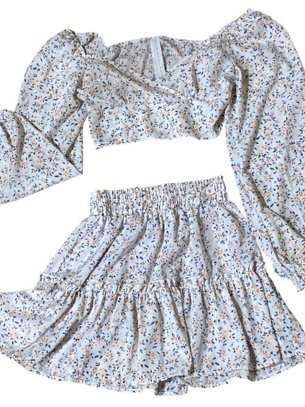 SHEIN Blue Orange and White 2 piece crop top skirt set